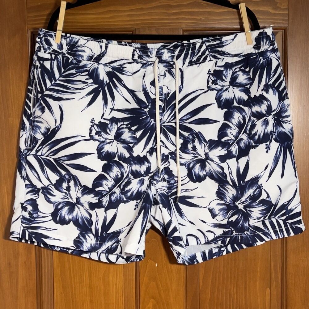 Polo Ralph Lauren Men's XL Blue White Hibiscus Floral Swim Trunks 5.5" Inseam